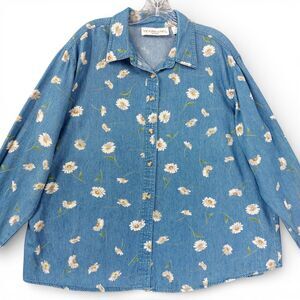 Victoria Jones Women Denim Shirt Daisy Floral Print Button Front Long Sleeve Y2K